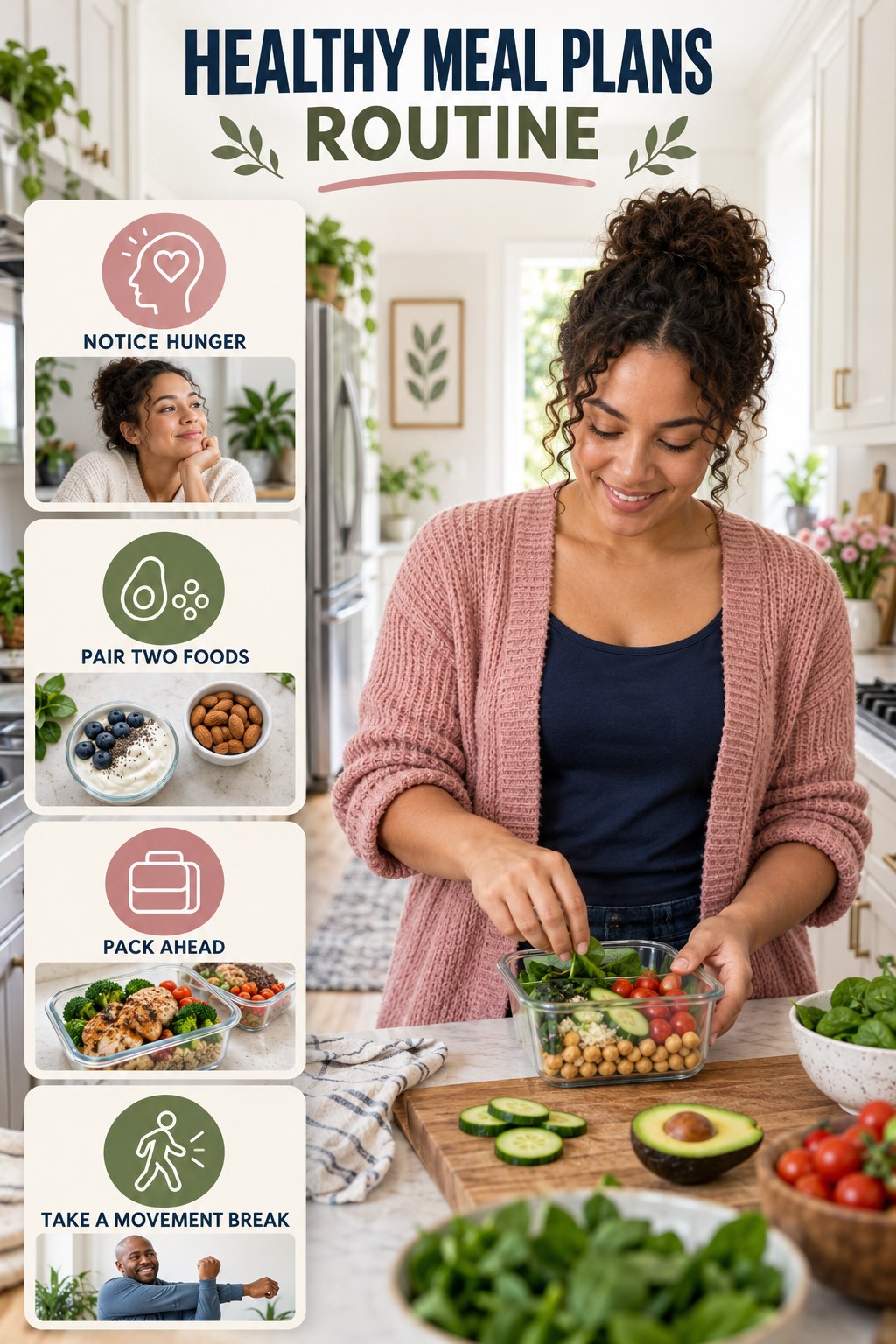 Snack and Workday Wellness for Healthy Meal Plans with four readable routine cues and a realistic board-relevant wellness scene.