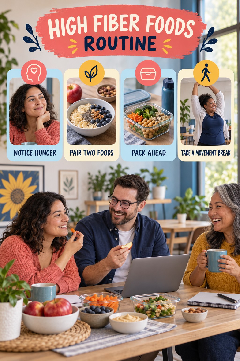 Snack and Workday Wellness for High Fiber Foods with four readable routine cues and a realistic board-relevant wellness scene.