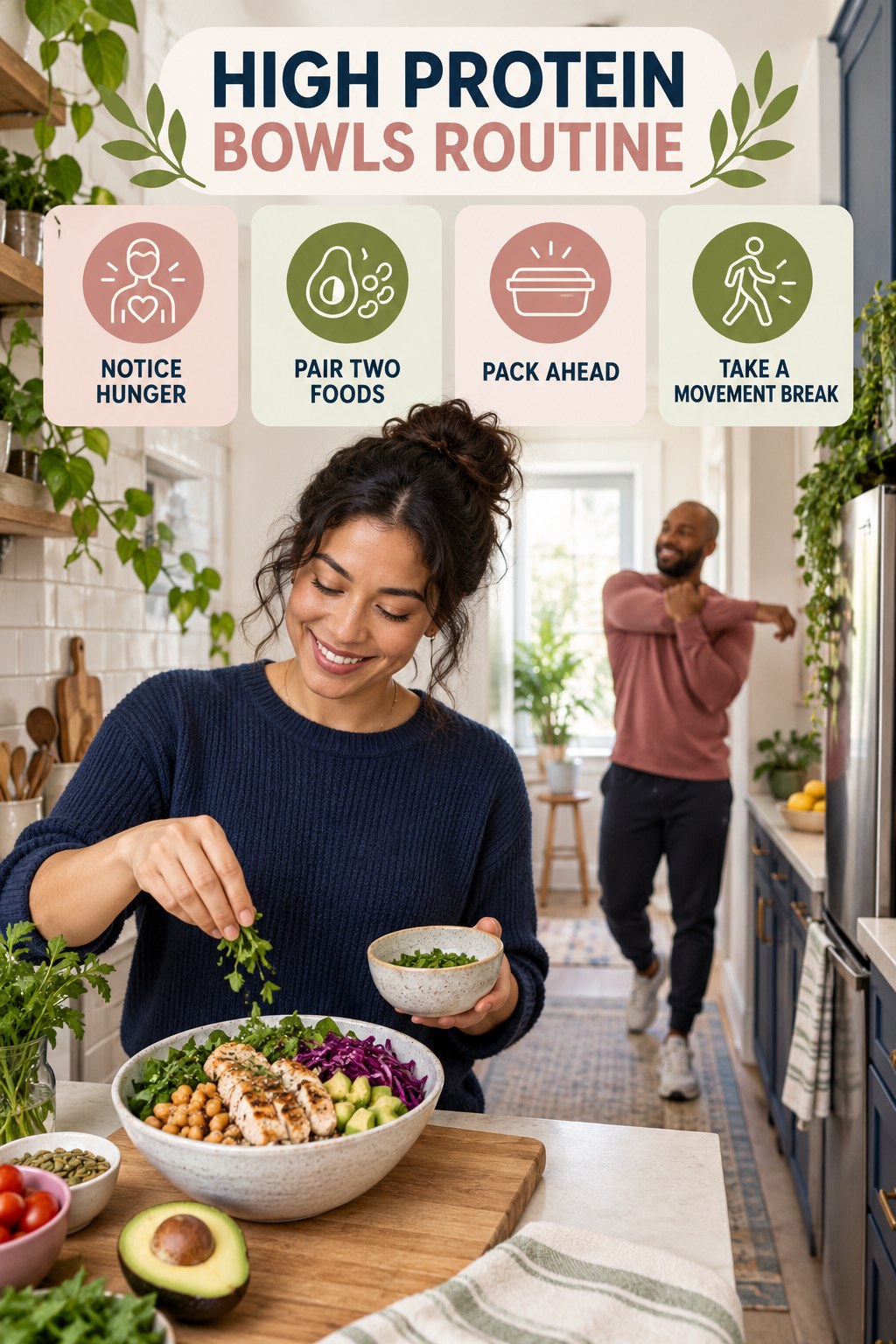 Snack and Workday Wellness for High Protein Bowls with four readable routine cues and a realistic board-relevant wellness scene.