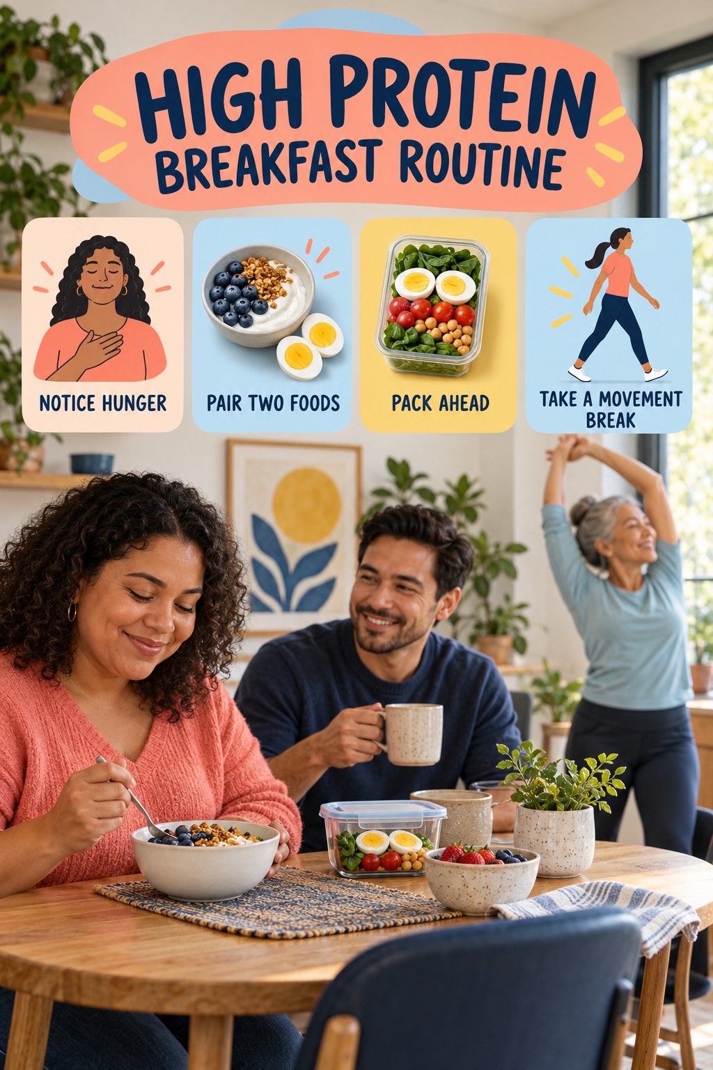 Snack and Workday Wellness for High Protein Breakfast with four readable routine cues and a realistic board-relevant wellness scene.