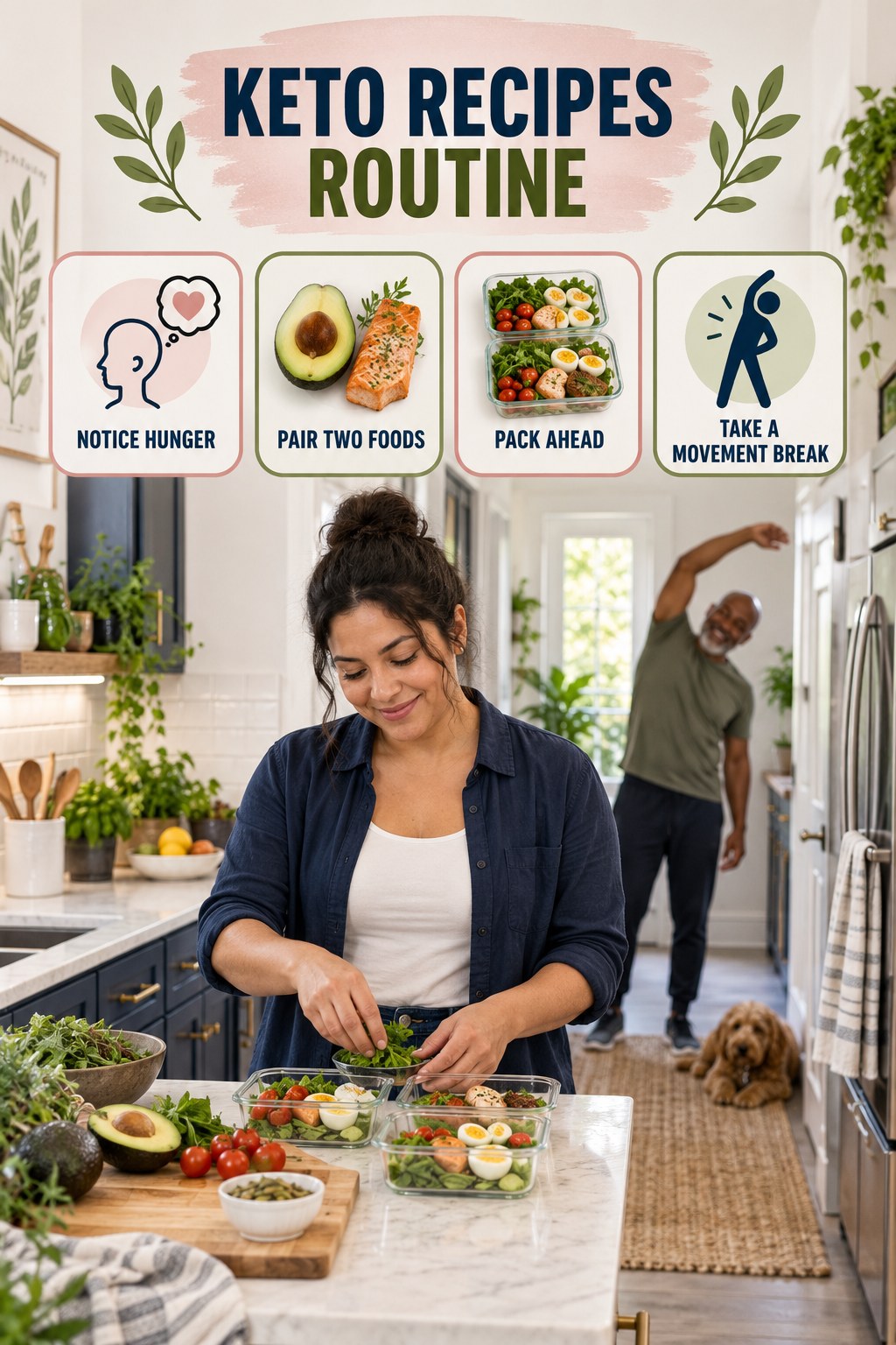 Snack and Workday Wellness for Keto Recipes with four readable routine cues and a realistic board-relevant wellness scene.