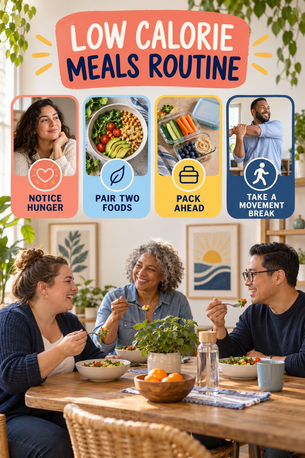 Snack and Workday Wellness for Low Calorie Meals with four readable routine cues and a realistic board-relevant wellness scene.