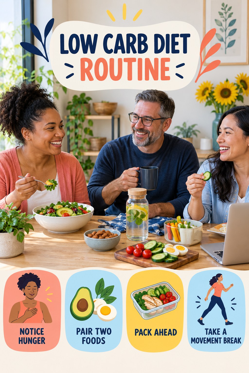 Snack and Workday Wellness for Low Carb Diet with four readable routine cues and a realistic board-relevant wellness scene.