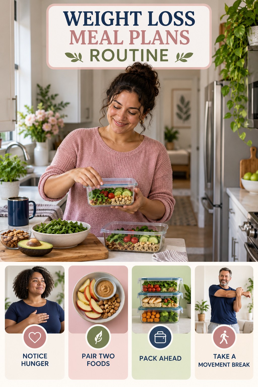 Snack and Workday Wellness for Weight Loss Meal Plans with four readable routine cues and a realistic board-relevant wellness scene.