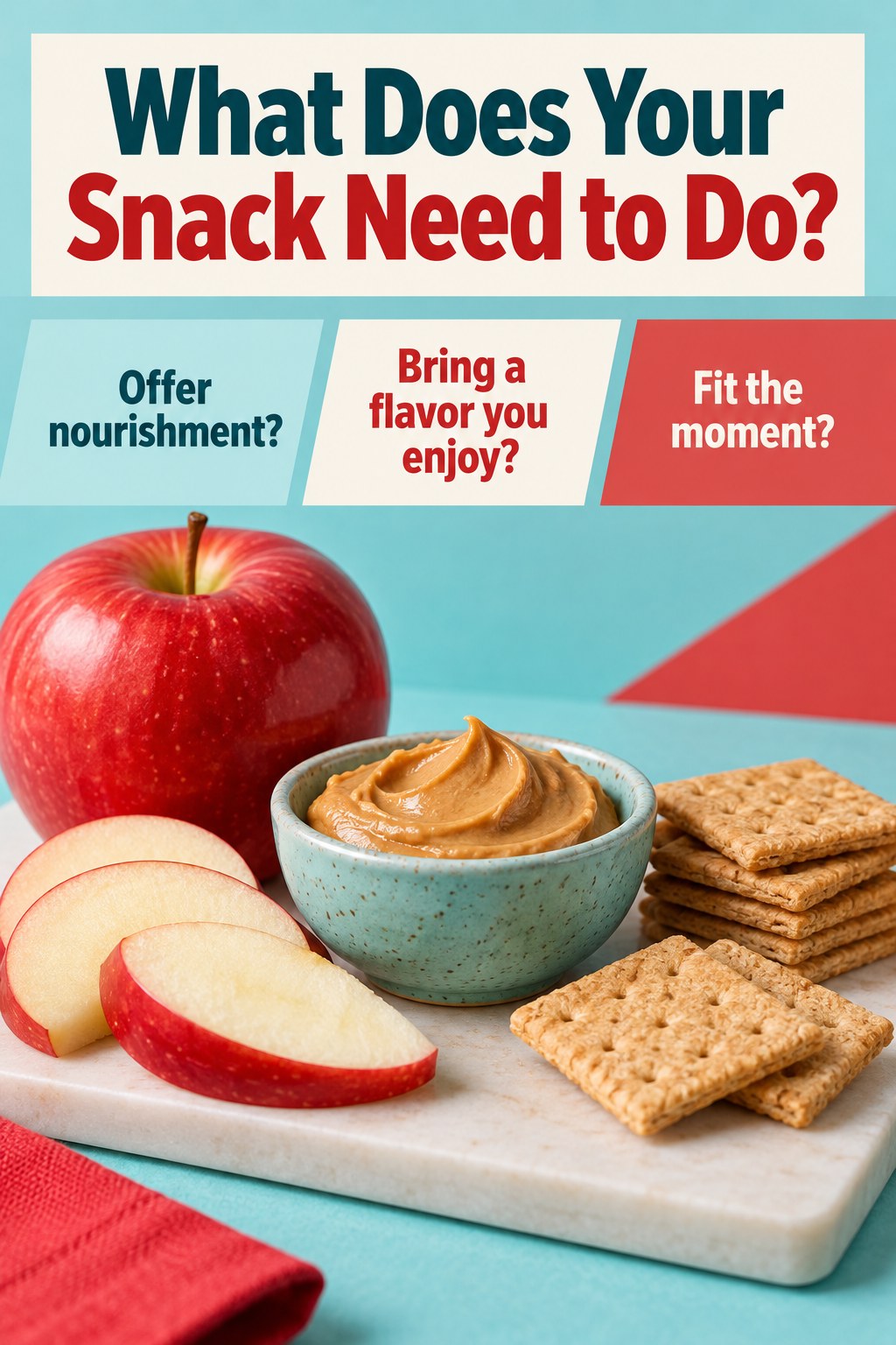 Apple slices with peanut butter and crackers alongside prompts about a snack's practical role.