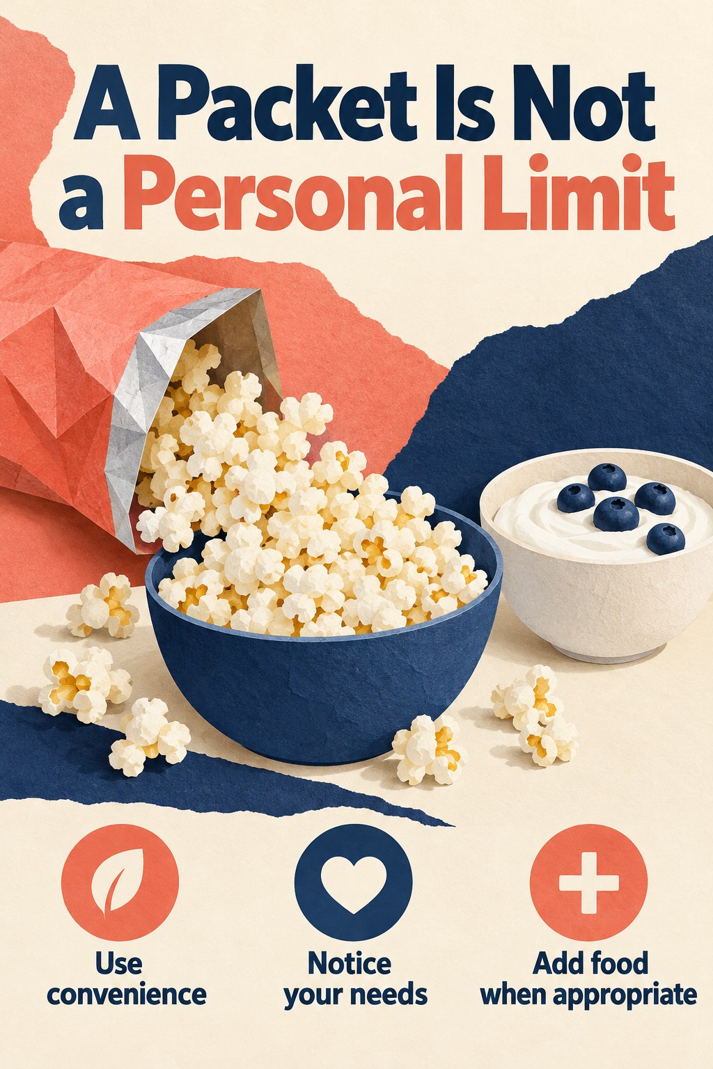 Plain popcorn packet with a bowl of yogurt and a headline separating packaging from personal food limits.
