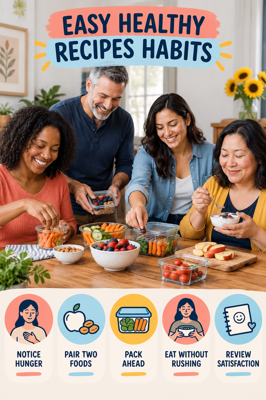 Snack Planning Habits for Easy Healthy Recipes with five readable habit cues and a realistic board-relevant wellness scene.