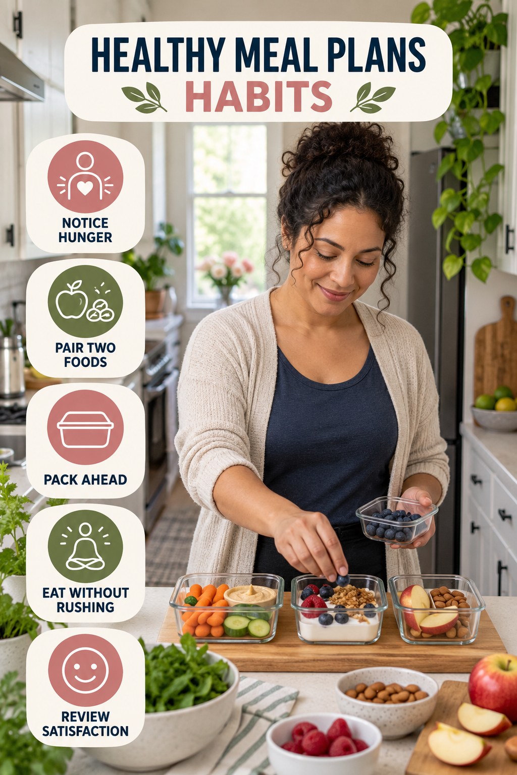 Snack Planning Habits for Healthy Meal Plans with five readable habit cues and a realistic board-relevant wellness scene.