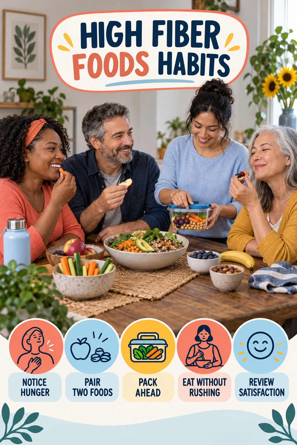 Snack Planning Habits for High Fiber Foods with five readable habit cues and a realistic board-relevant wellness scene.
