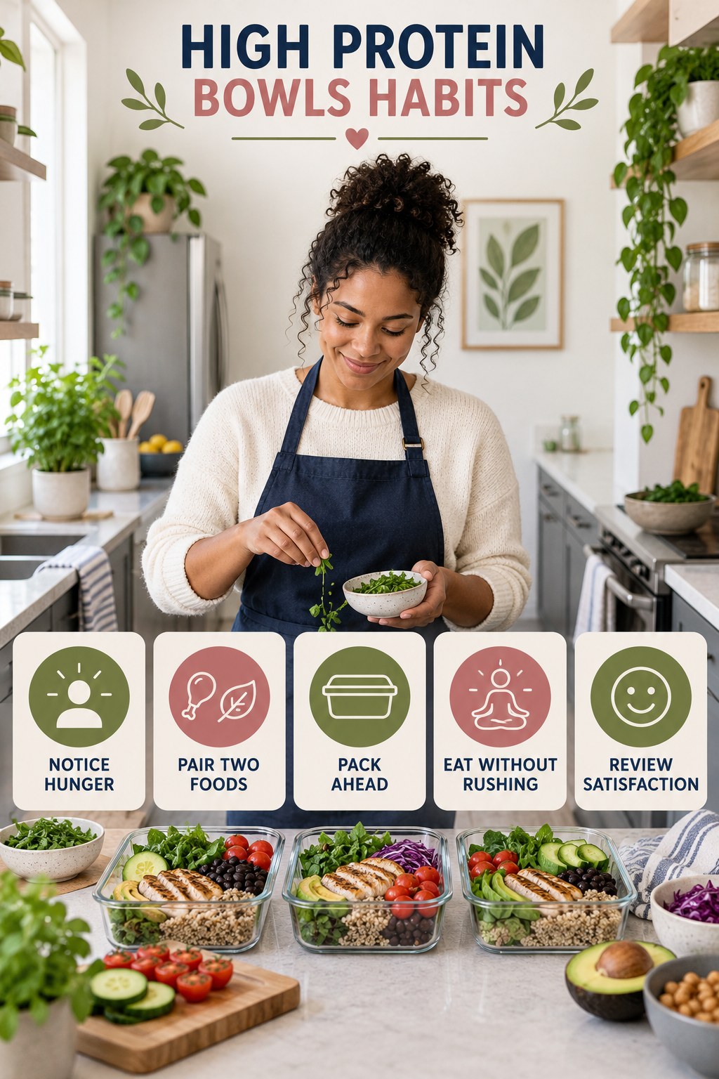Snack Planning Habits for High Protein Bowls with five readable habit cues and a realistic board-relevant wellness scene.