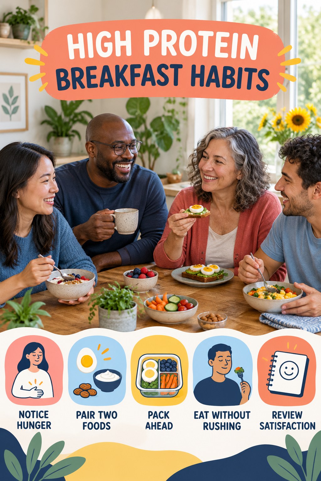 Snack Planning Habits for High Protein Breakfast with five readable habit cues and a realistic board-relevant wellness scene.