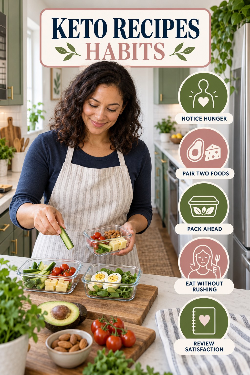 Snack Planning Habits for Keto Recipes with five readable habit cues and a realistic board-relevant wellness scene.