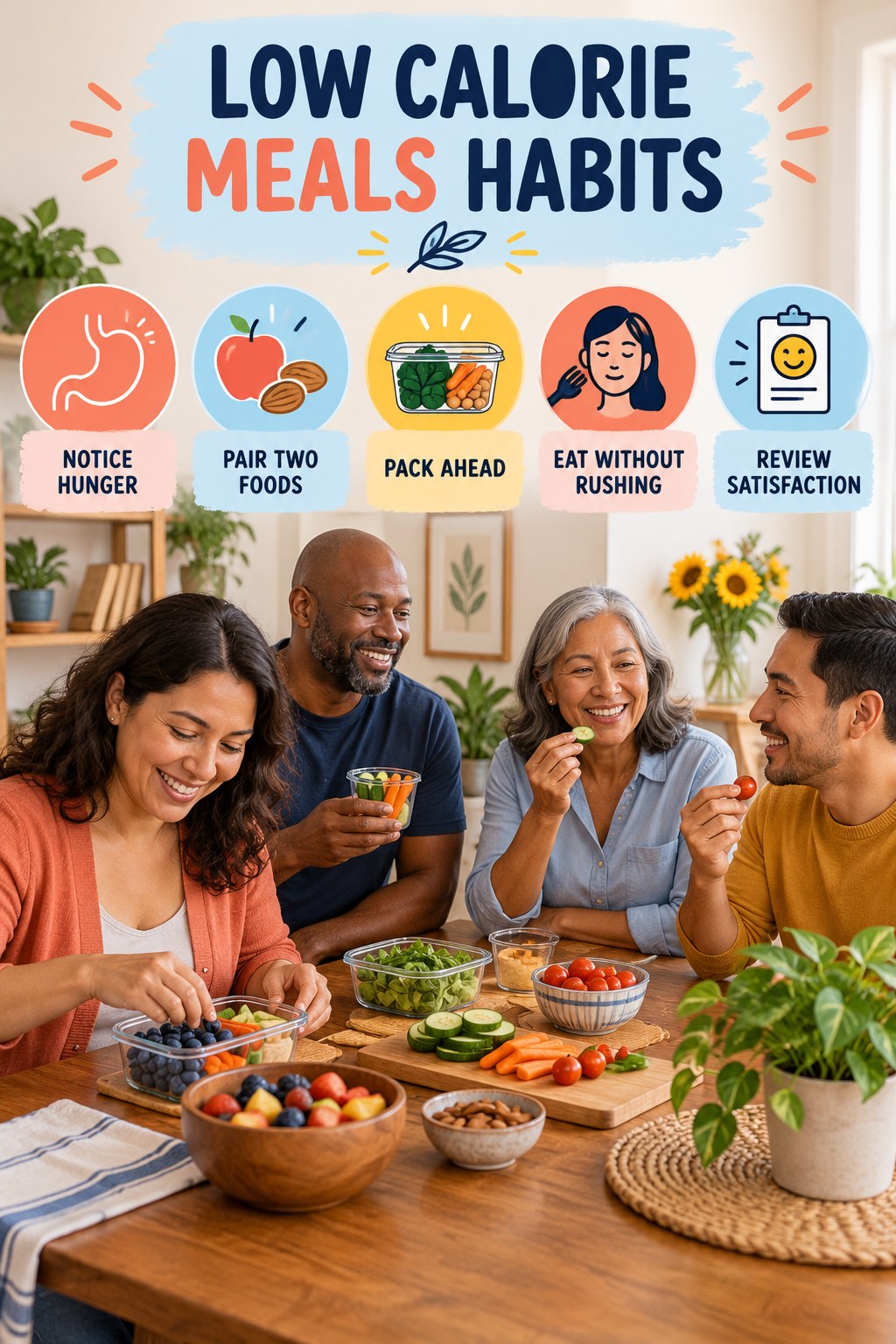 Snack Planning Habits for Low Calorie Meals with five readable habit cues and a realistic board-relevant wellness scene.