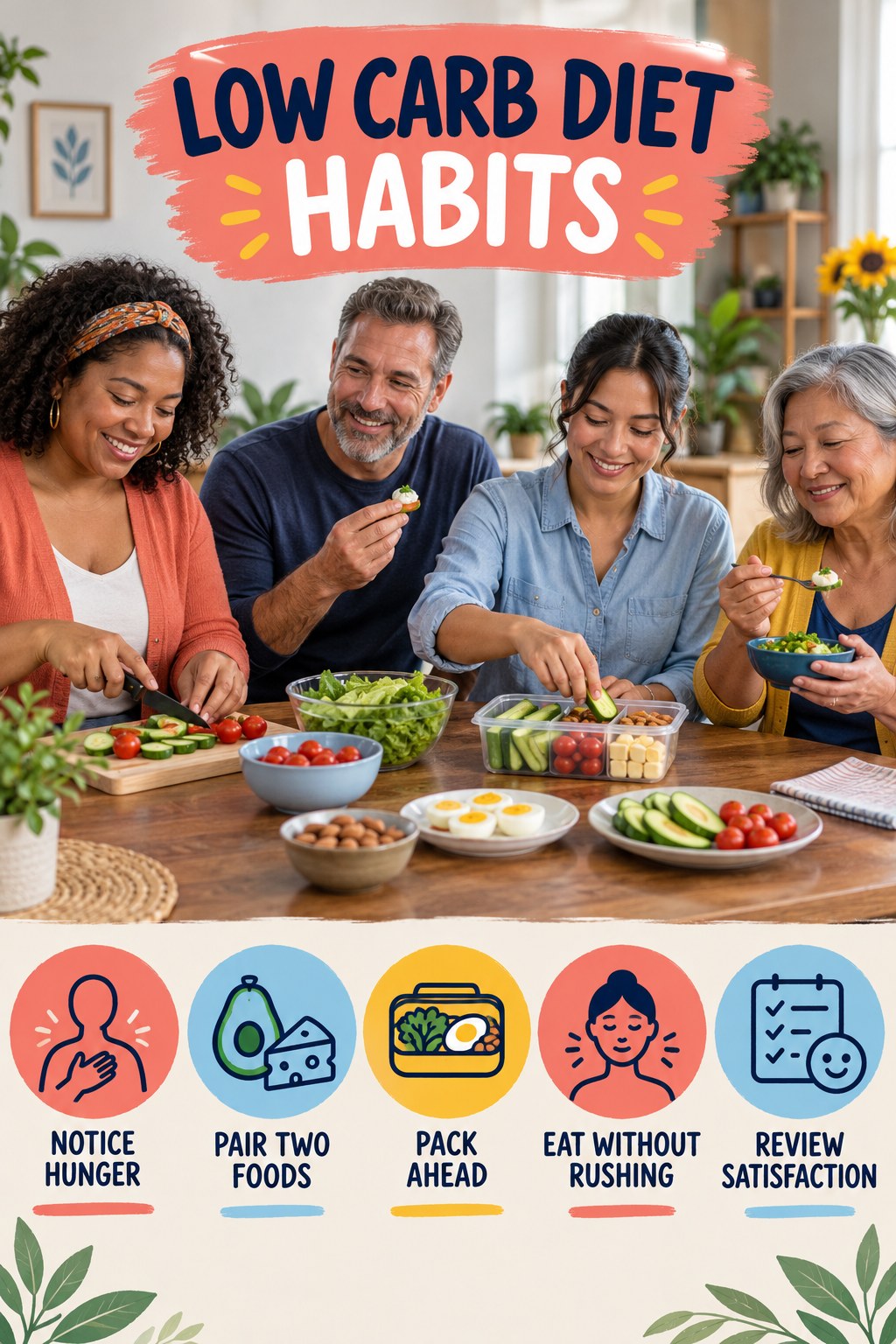 Snack Planning Habits for Low Carb Diet with five readable habit cues and a realistic board-relevant wellness scene.