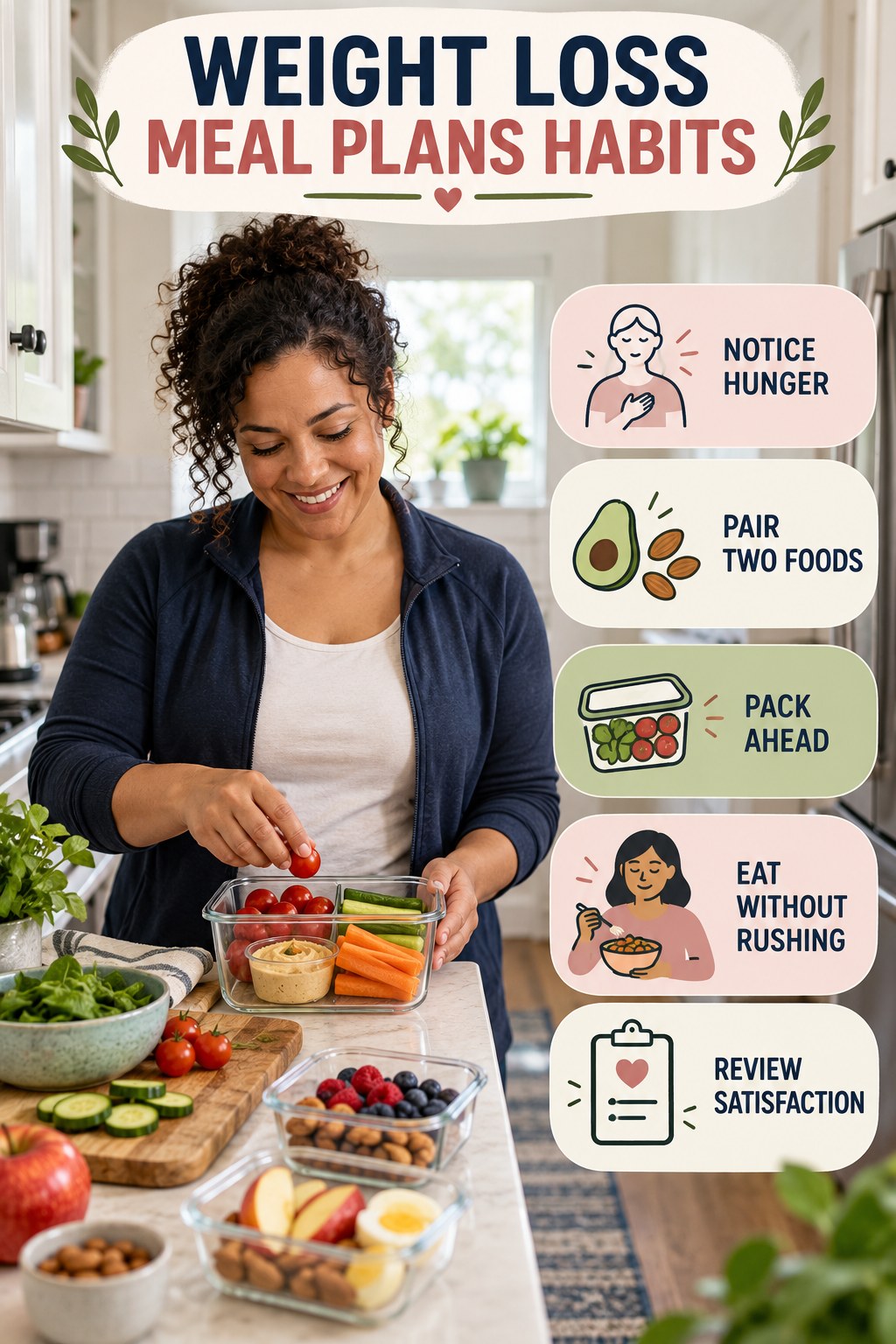 Snack Planning Habits for Weight Loss Meal Plans with five readable habit cues and a realistic board-relevant wellness scene.