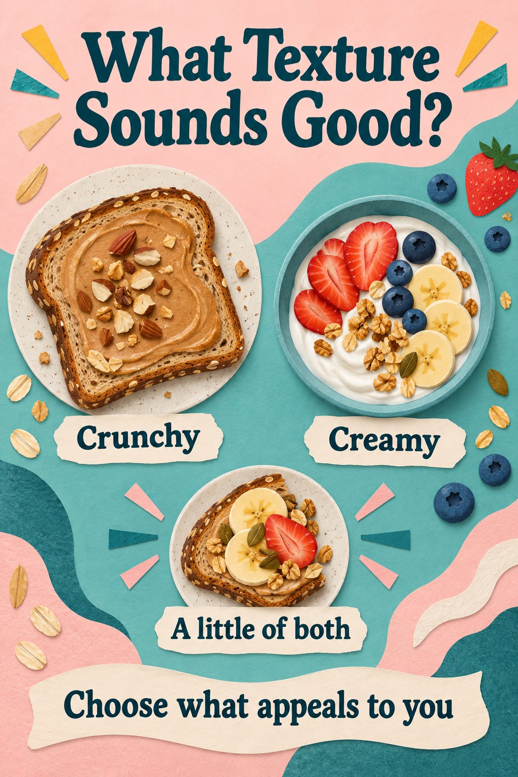 Illustrated crunchy and creamy snack options with the headline What Texture Sounds Good?