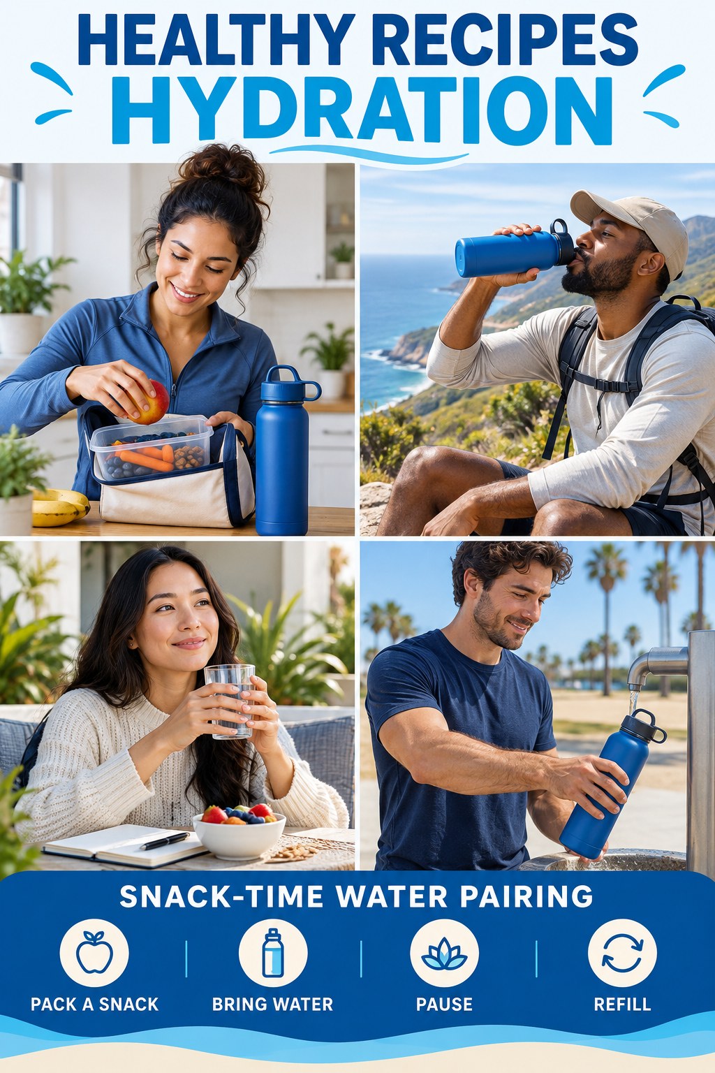 Healthy Recipes hydration graphic titled Snack-Time Water Pairing with four flexible water-habit prompts and no fixed intake target.