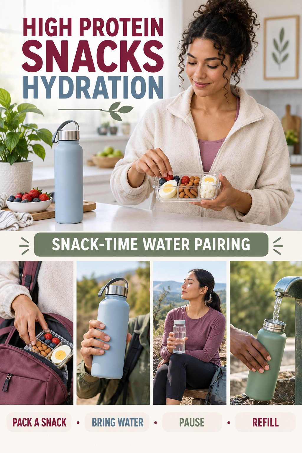 High Protein Snacks hydration graphic titled Snack-Time Water Pairing with four flexible water-habit prompts and no fixed intake target.