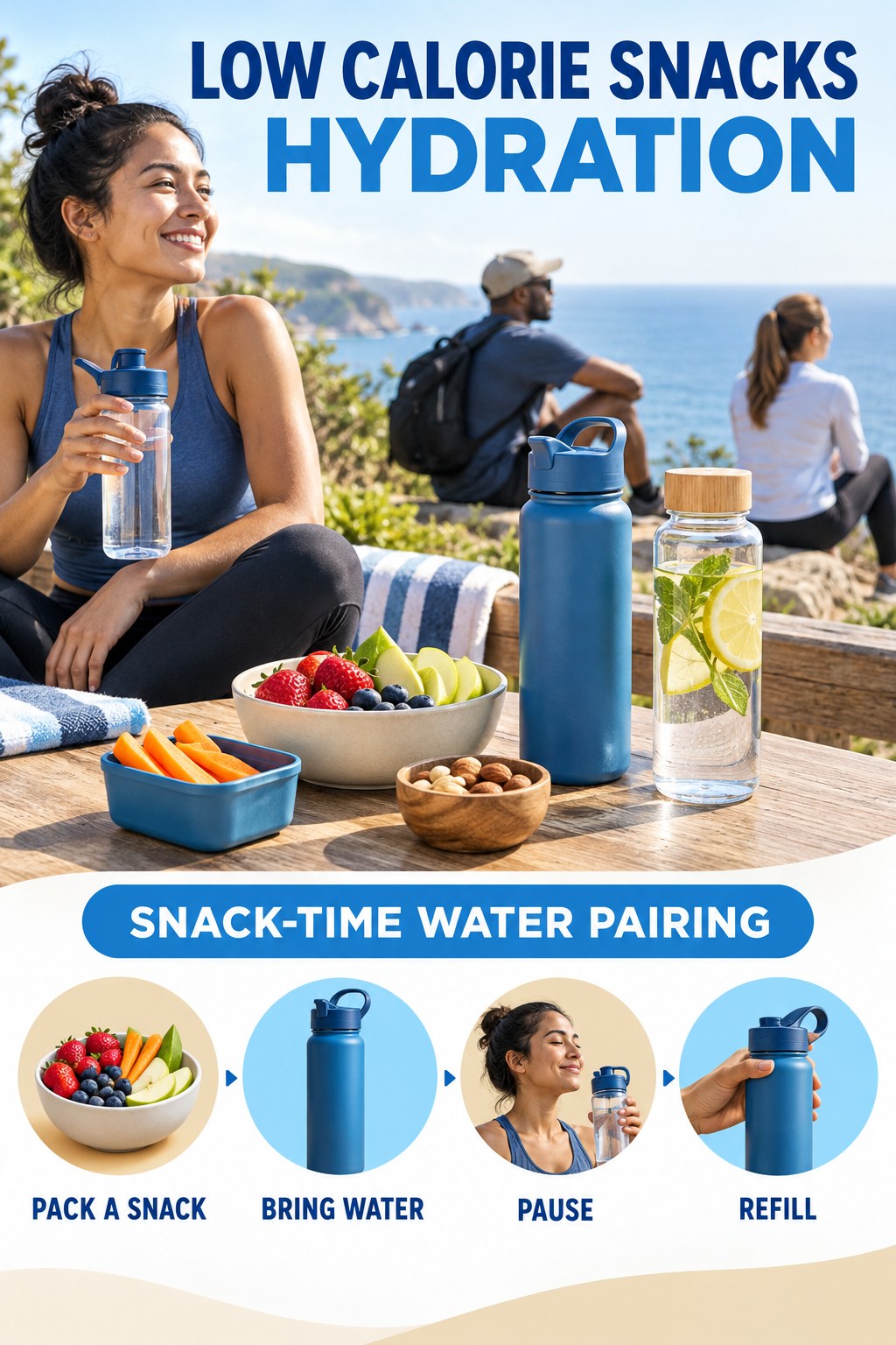 Low Calorie Snacks hydration graphic titled Snack-Time Water Pairing with four flexible water-habit prompts and no fixed intake target.