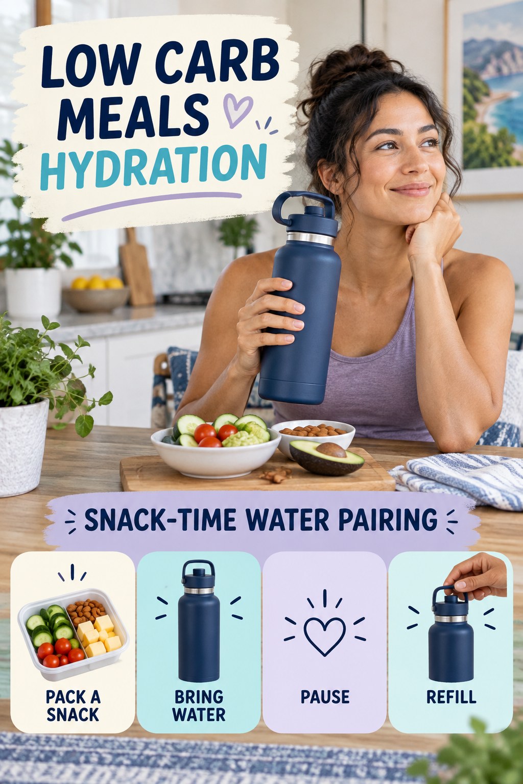 Low Carb Meals hydration graphic titled Snack-Time Water Pairing with four flexible water-habit prompts and no fixed intake target.