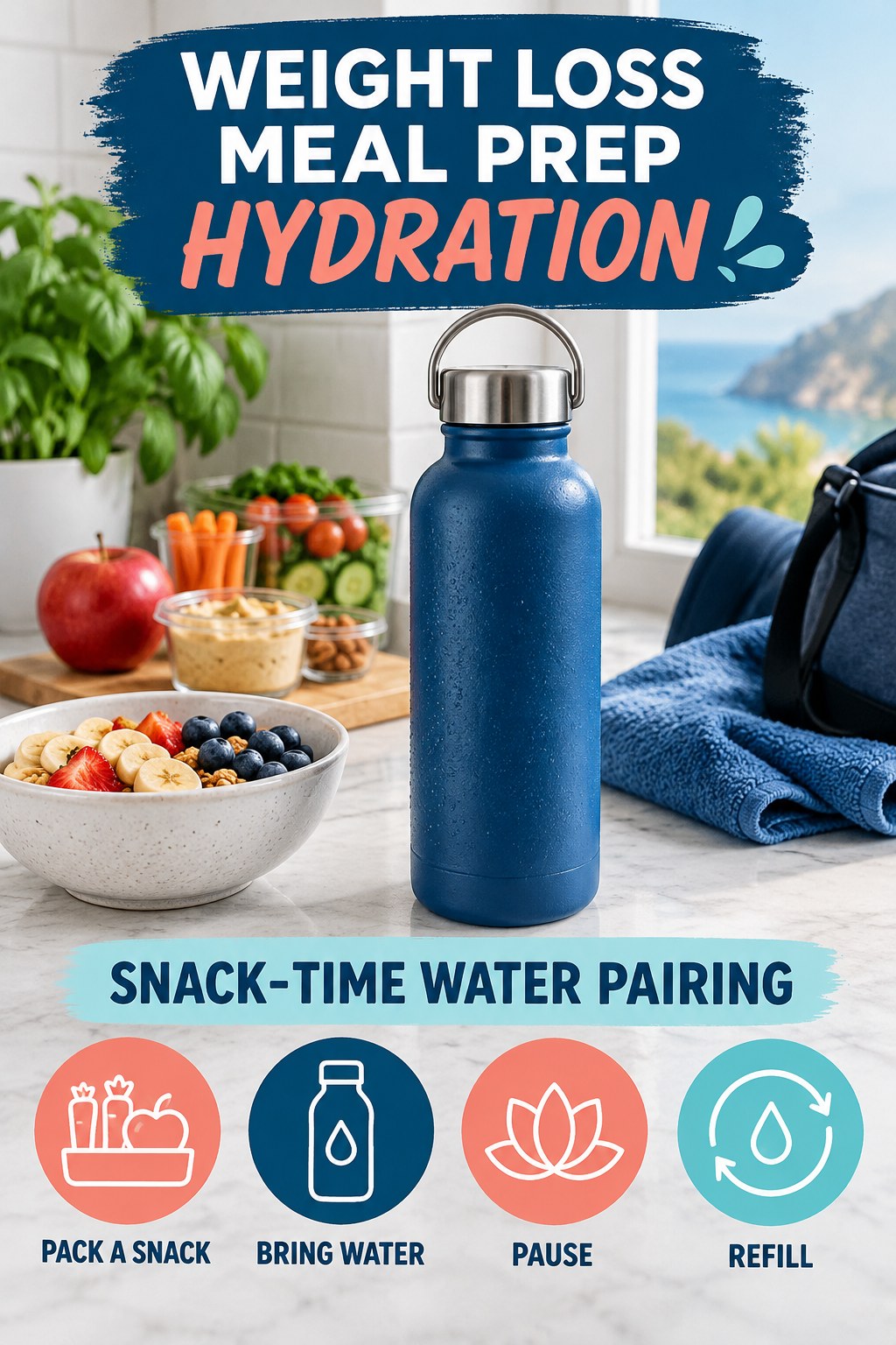 Weight Loss Meal Prep hydration graphic titled Snack-Time Water Pairing with four flexible water-habit prompts and no fixed intake target.