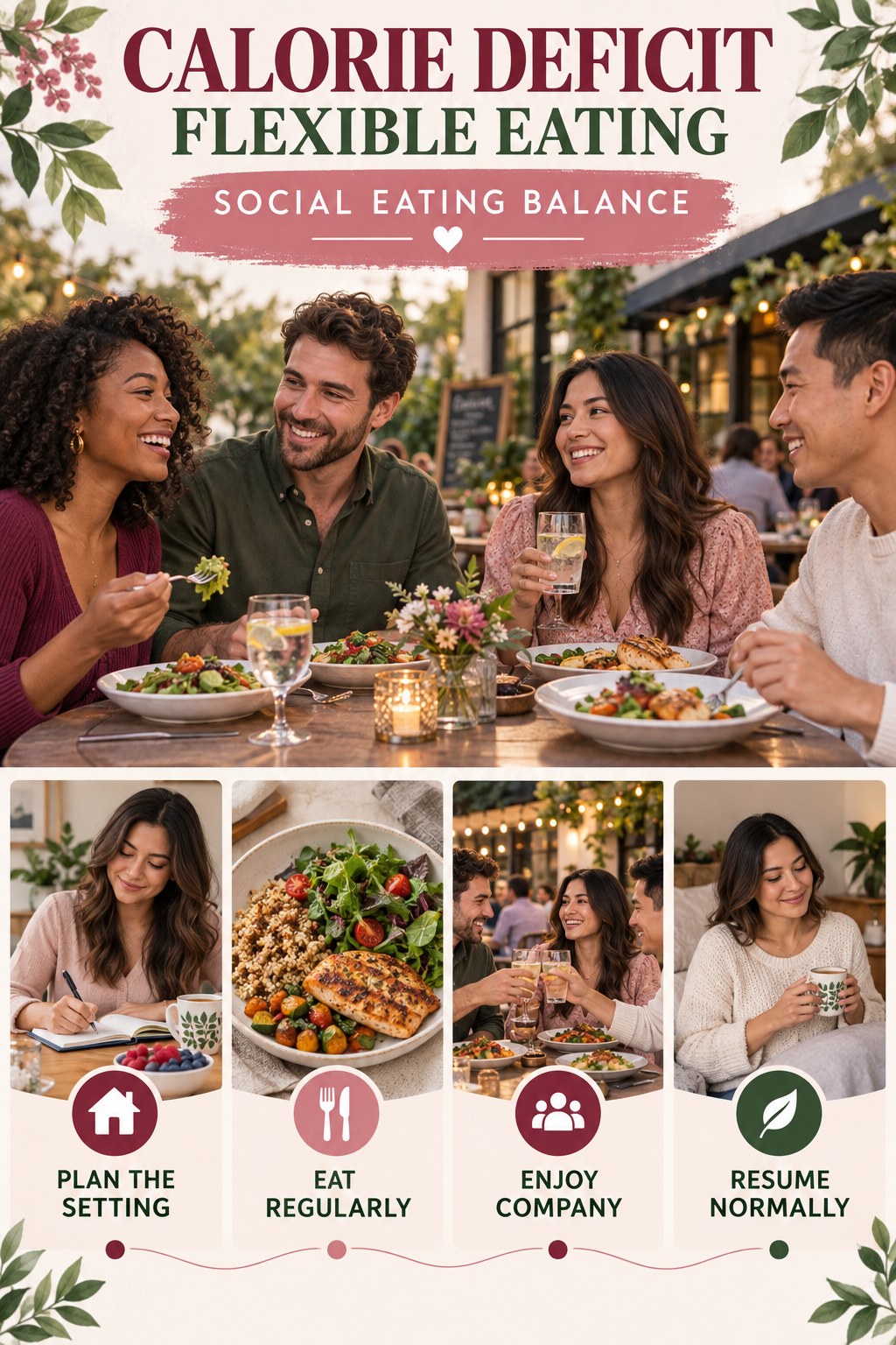 Calorie Deficit flexible eating graphic titled Social Eating Balance with four practical balance prompts.