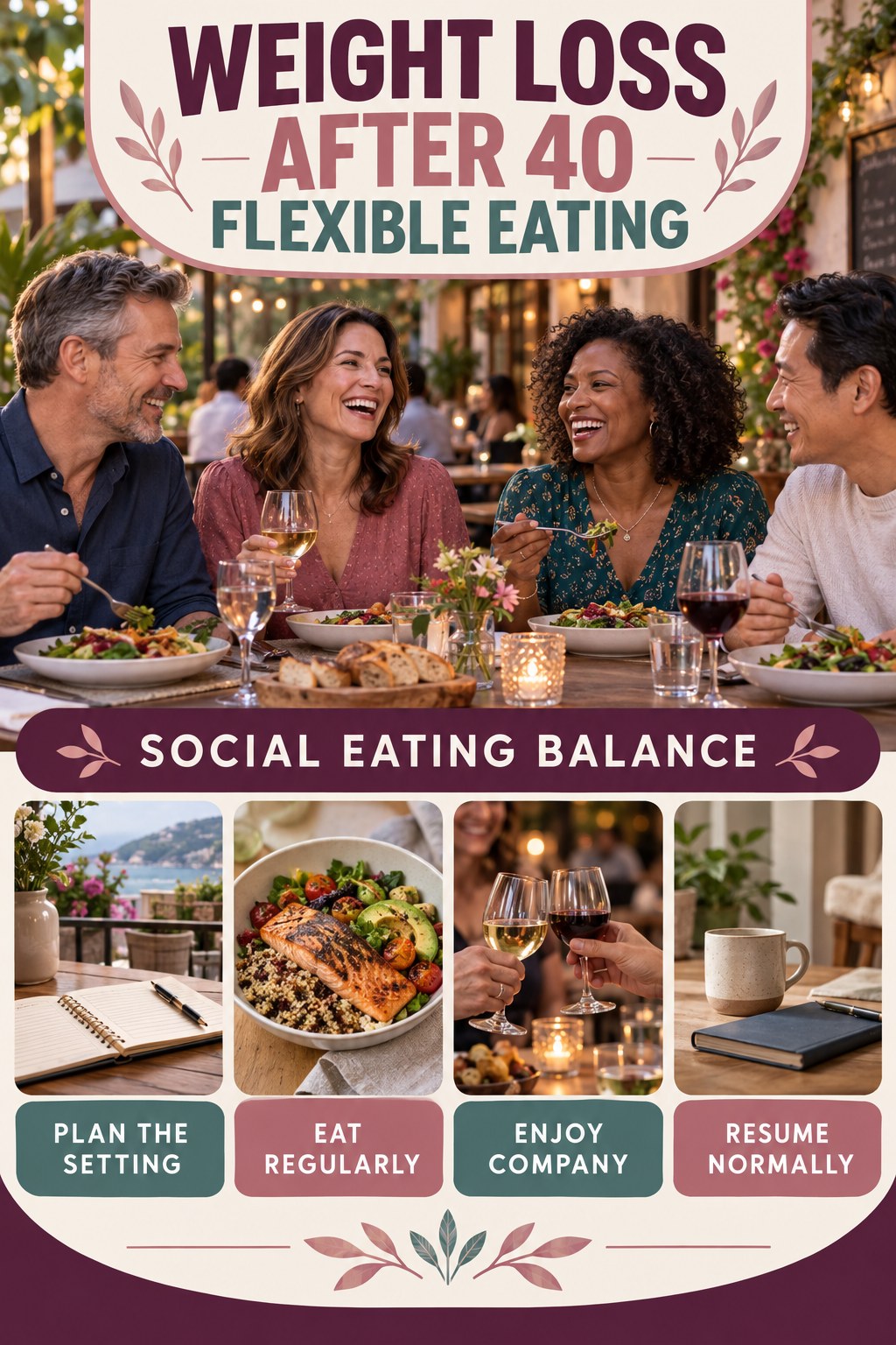 Weight Loss After 40 flexible eating graphic titled Social Eating Balance with four practical balance prompts.