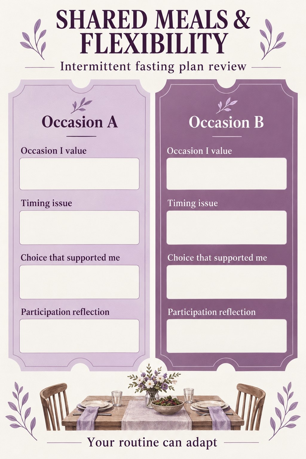 Two blank social flexibility tickets with occasion, timing issue, supportive choice, and participation reflection fields.