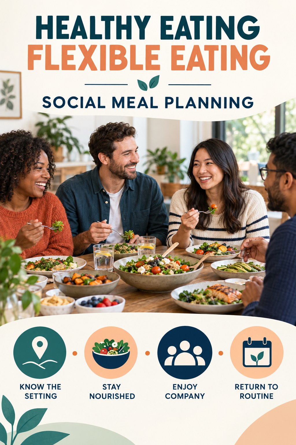 Healthy Eating flexible eating graphic titled Social Meal Planning with four practical balance prompts.