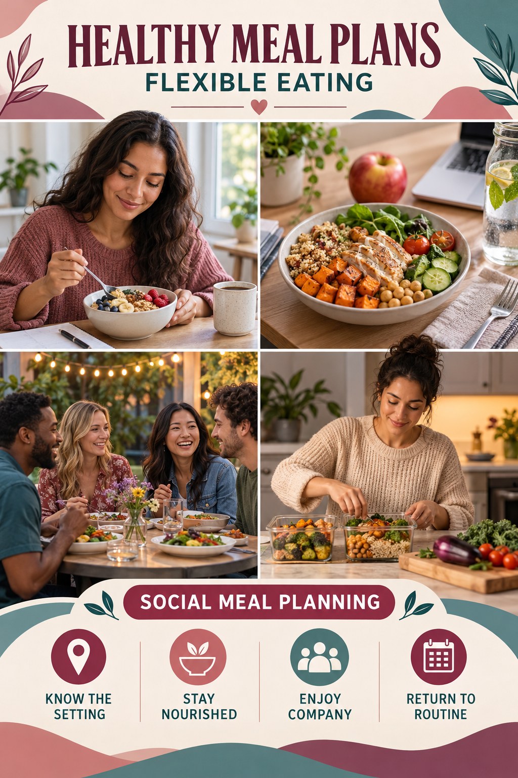 Healthy Meal Plans flexible eating graphic titled Social Meal Planning with four practical balance prompts.