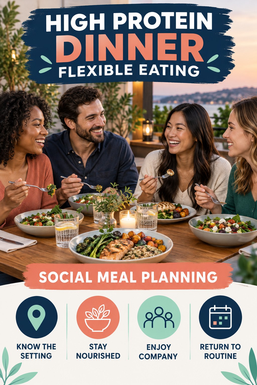 High Protein Dinner flexible eating graphic titled Social Meal Planning with four practical balance prompts.