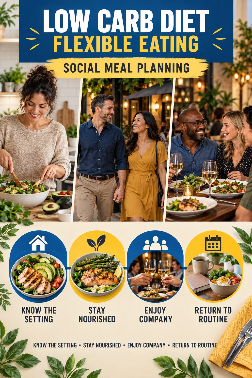 Low Carb Diet flexible eating graphic titled Social Meal Planning with four practical balance prompts.