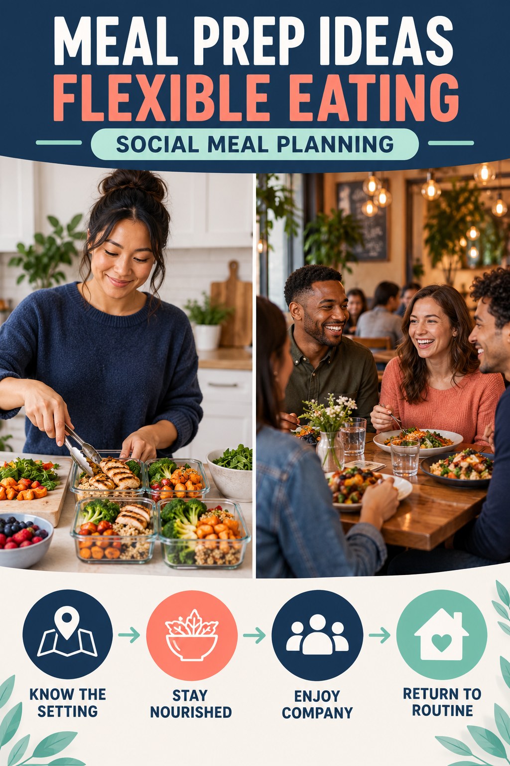 Meal Prep Ideas flexible eating graphic titled Social Meal Planning with four practical balance prompts.