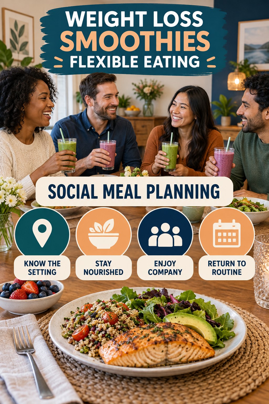 Weight Loss Smoothies flexible eating graphic titled Social Meal Planning with four practical balance prompts.