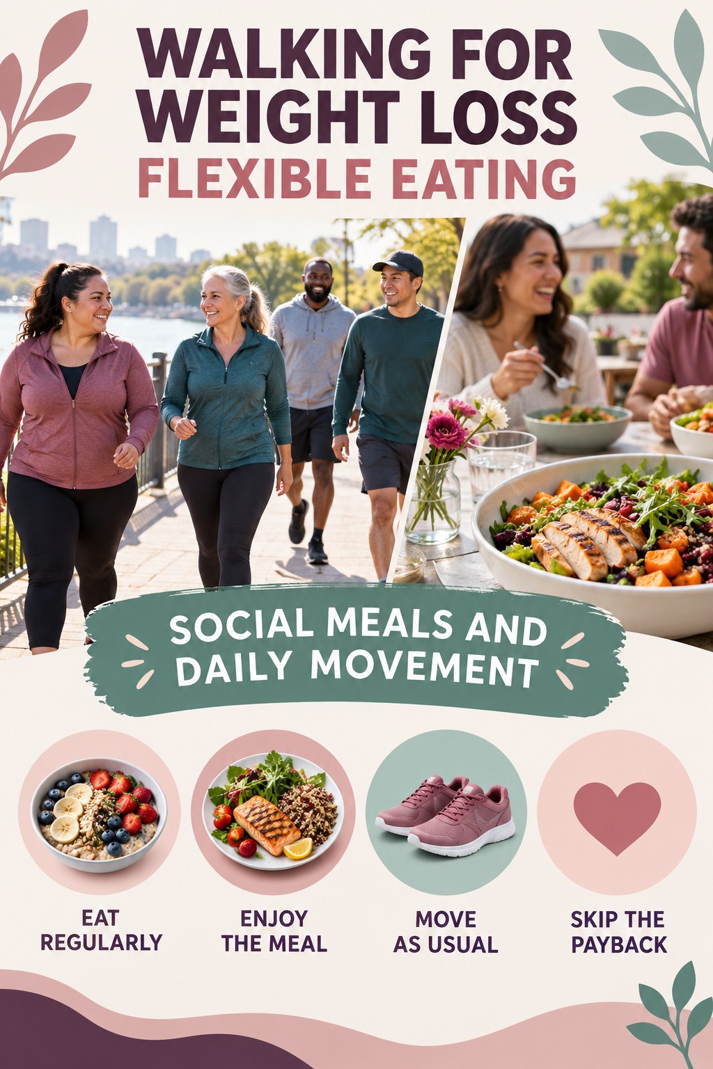 Walking for Weight Loss flexible eating graphic titled Social Meals and Daily Movement with four practical balance prompts.