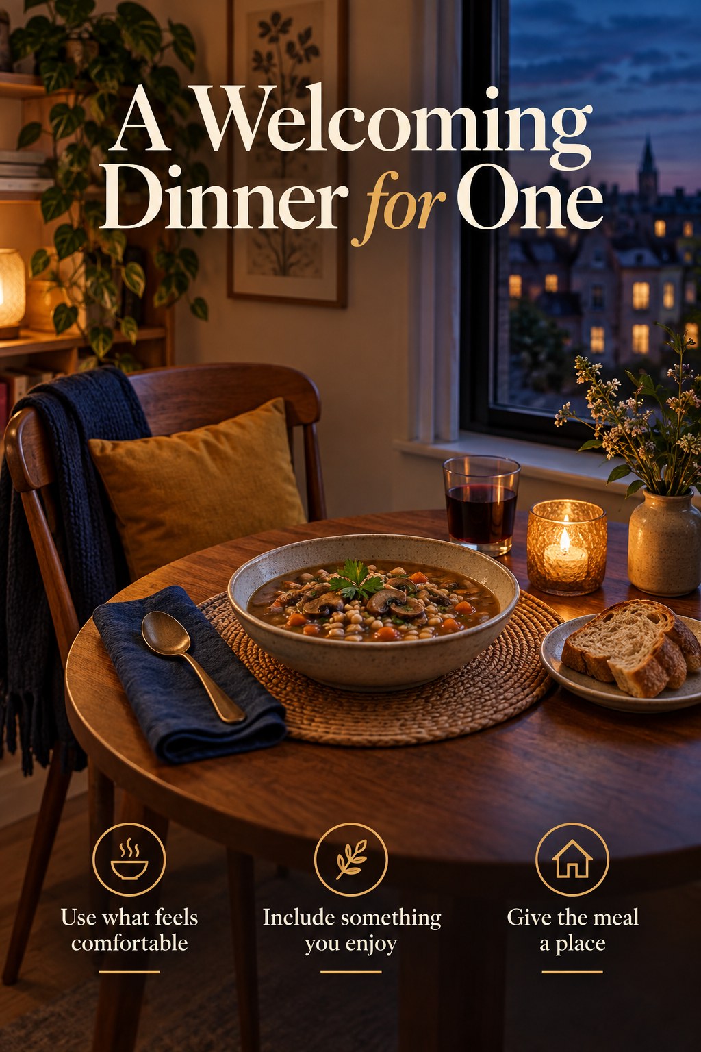 A single place setting with mushroom barley stew and bread in a warmly lit dining nook.