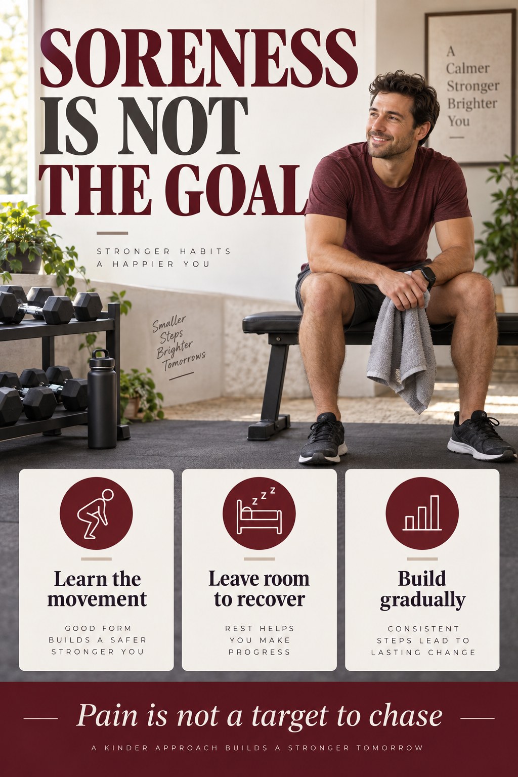 A man rests calmly on a workout bench beside burgundy cards about learning movements, recovery, and gradual progress.