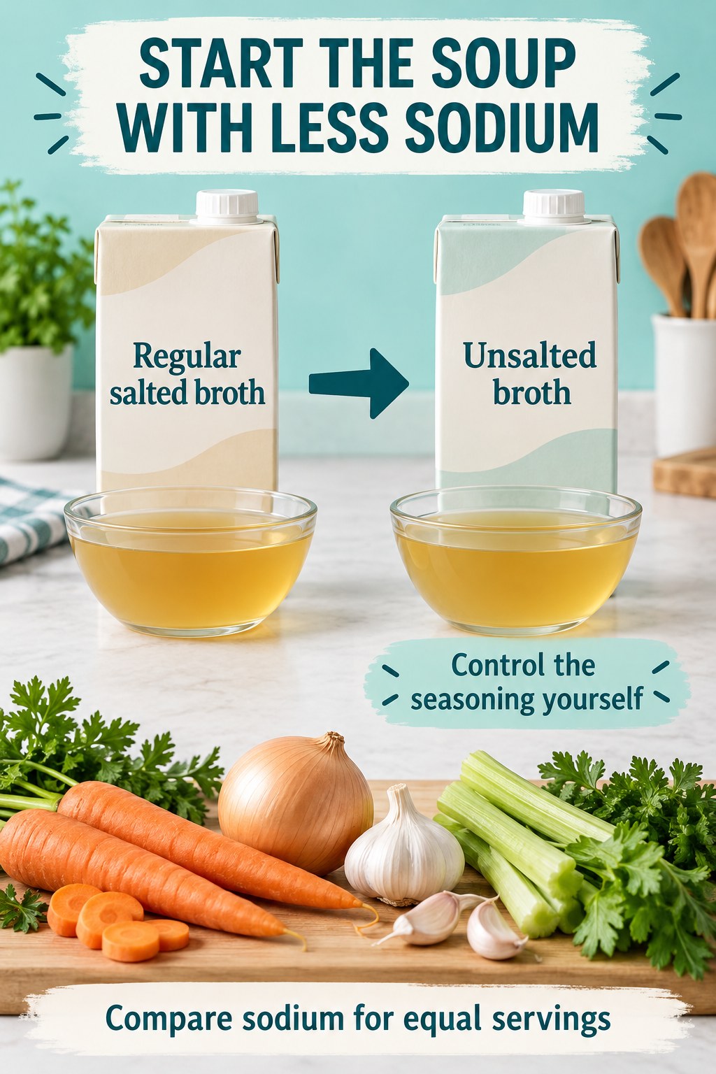 Regular salted broth and unsalted broth in matching bowls and cartons with a sodium-label comparison reminder.