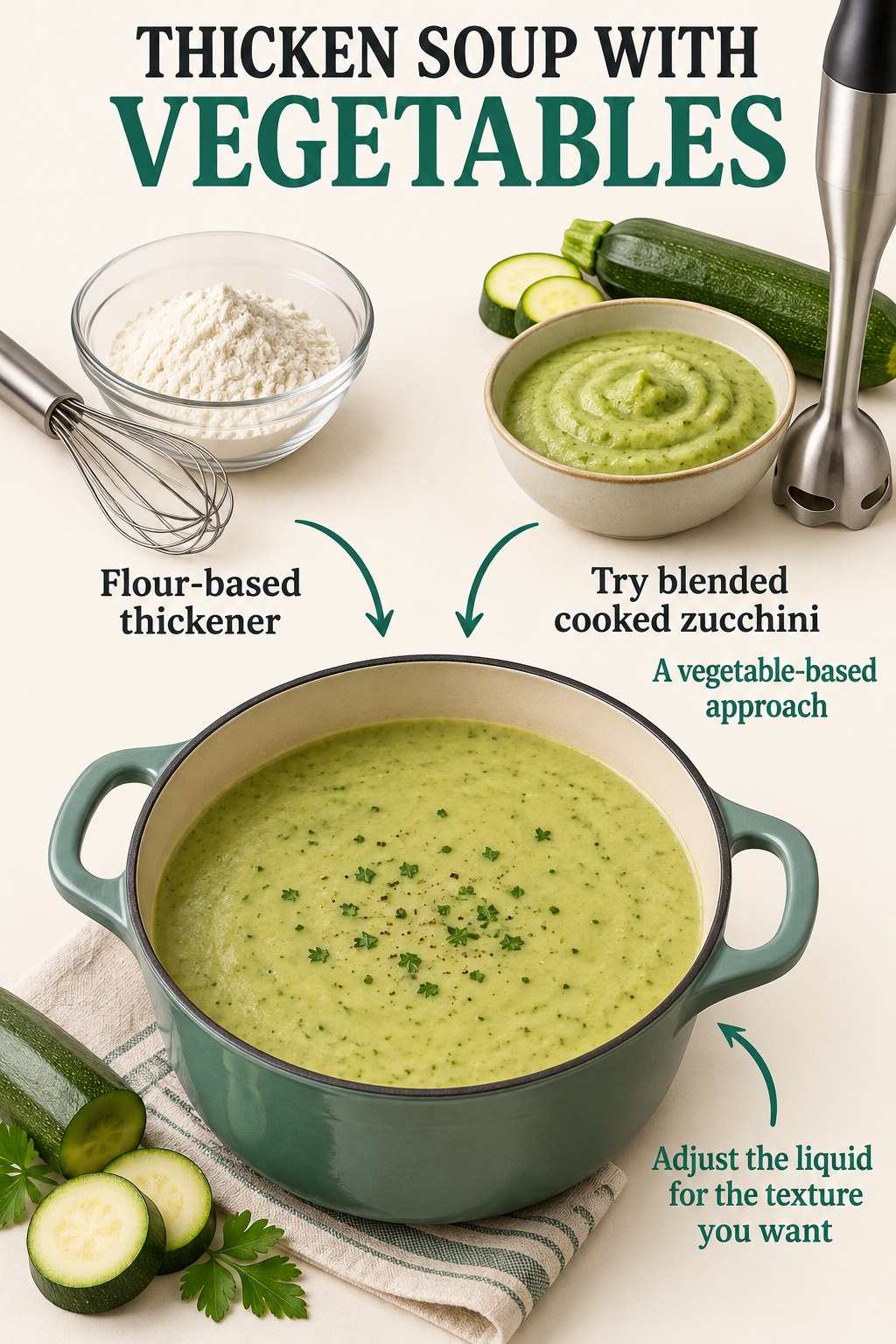 Cream and green soup graphic compares flour-based thickening with blended cooked zucchini flowing into a soup pot.