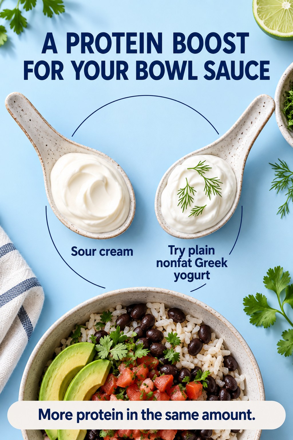 Blue graphic compares sour cream and plain nonfat Greek yogurt on ceramic spoons above a rice and bean bowl.