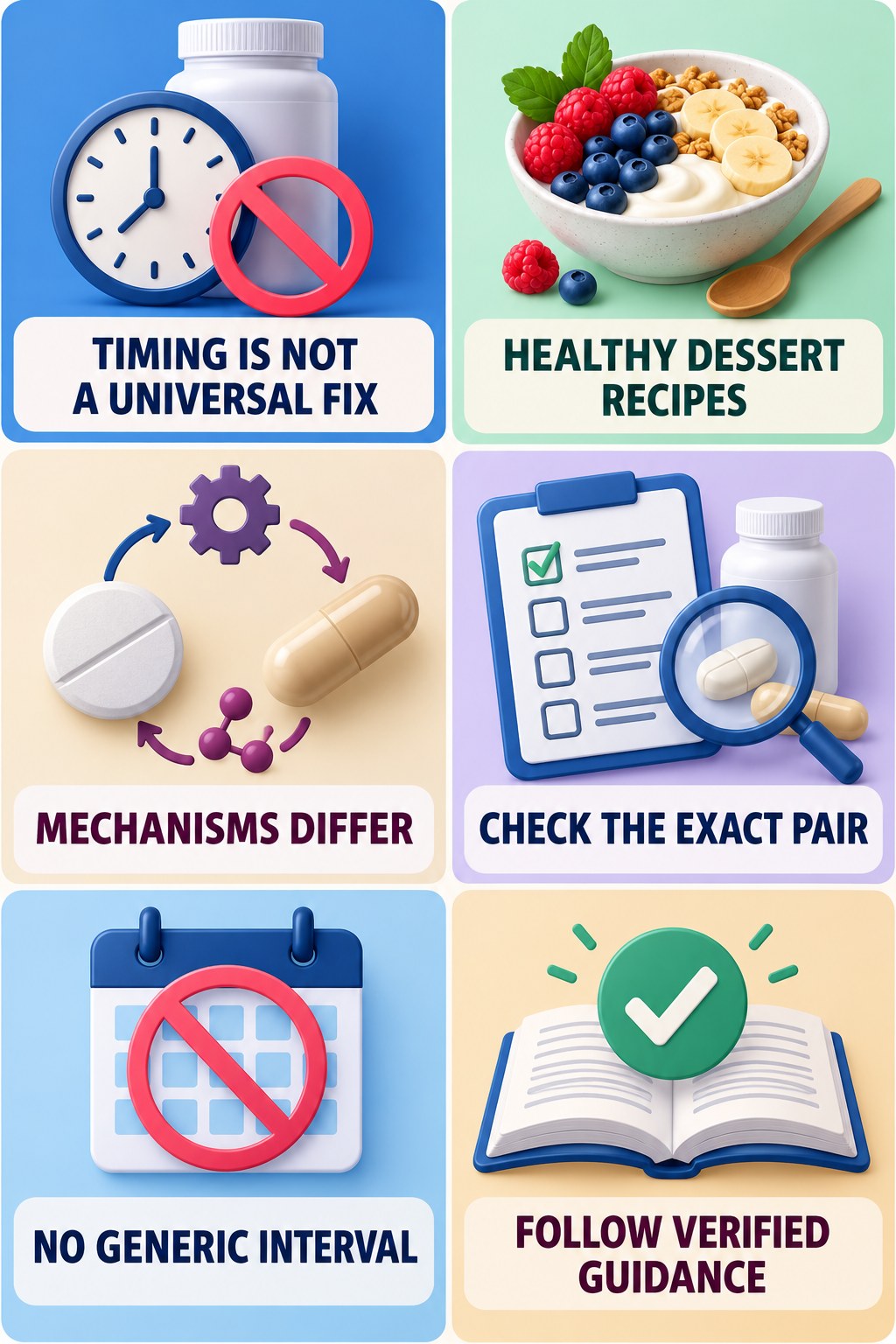 Spacing Does Not Solve Every Interaction supplement-interaction safety infographic for Healthy Dessert Recipes with four concise review points.