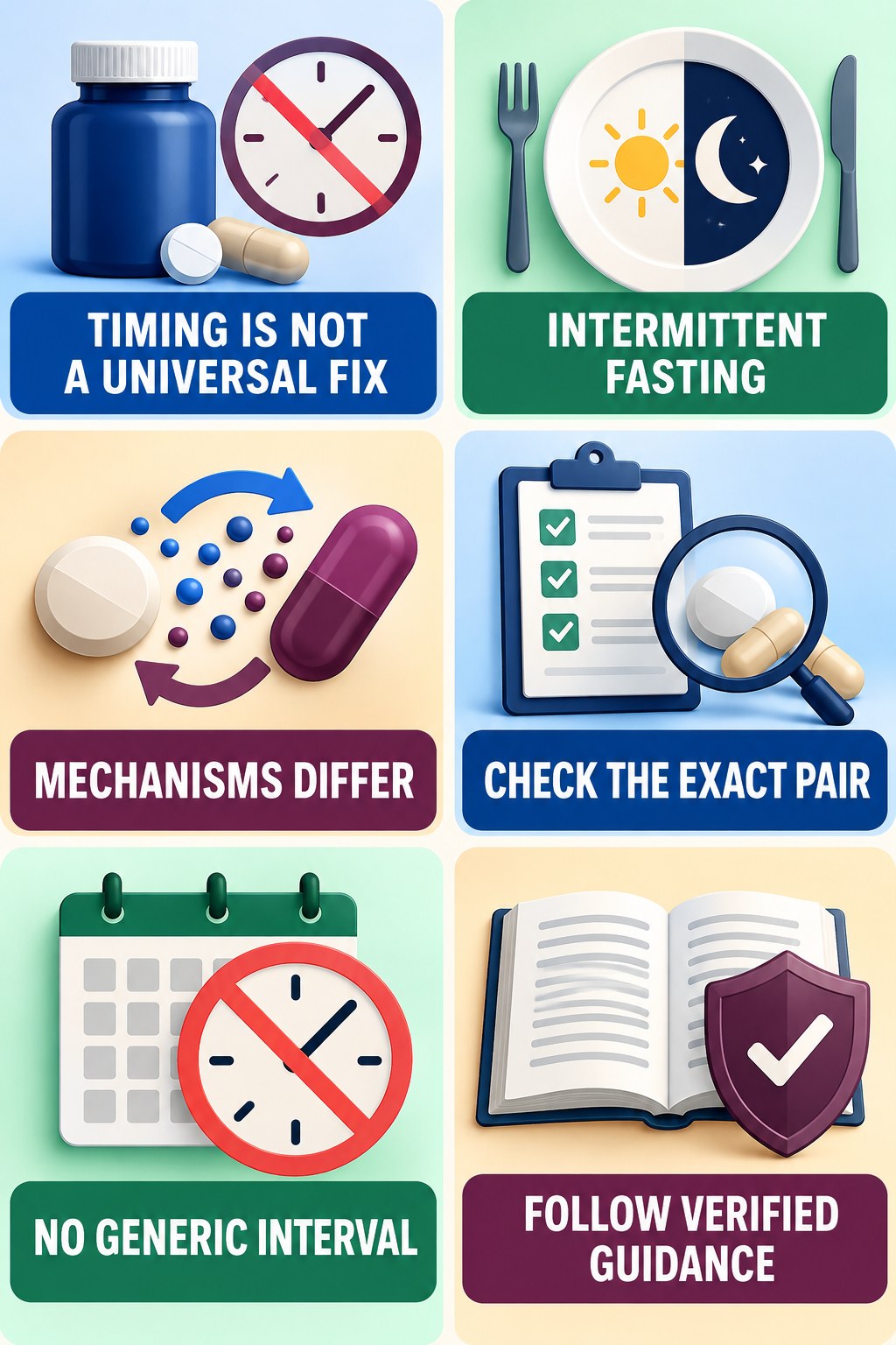 Spacing Does Not Solve Every Interaction supplement-interaction safety infographic for Intermittent Fasting with four concise review points.