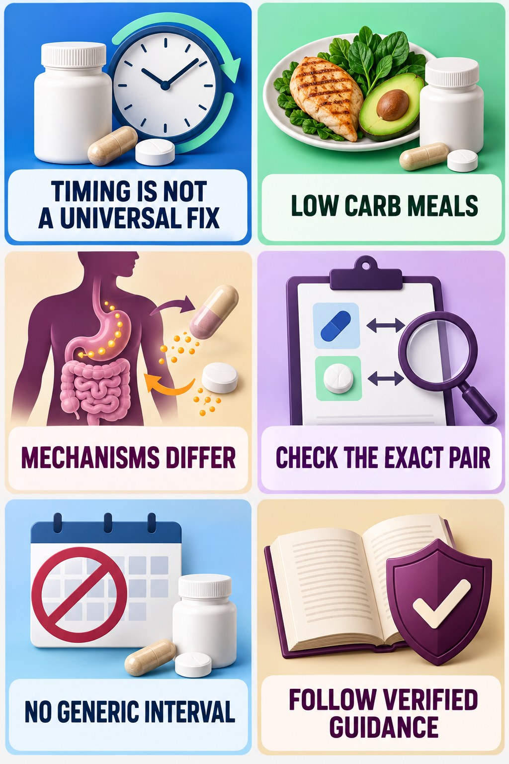 Spacing Does Not Solve Every Interaction supplement-interaction safety infographic for Low Carb Meals with four concise review points.
