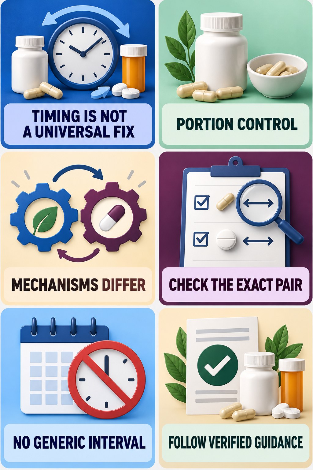 Spacing Does Not Solve Every Interaction supplement-interaction safety infographic for Portion Control with four concise review points.