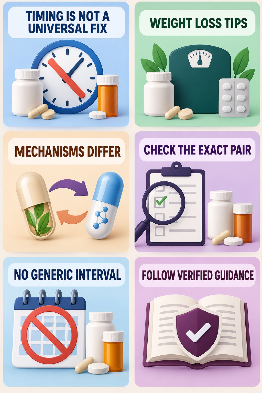 Spacing Does Not Solve Every Interaction supplement-interaction safety infographic for Weight Loss Tips with four concise review points.