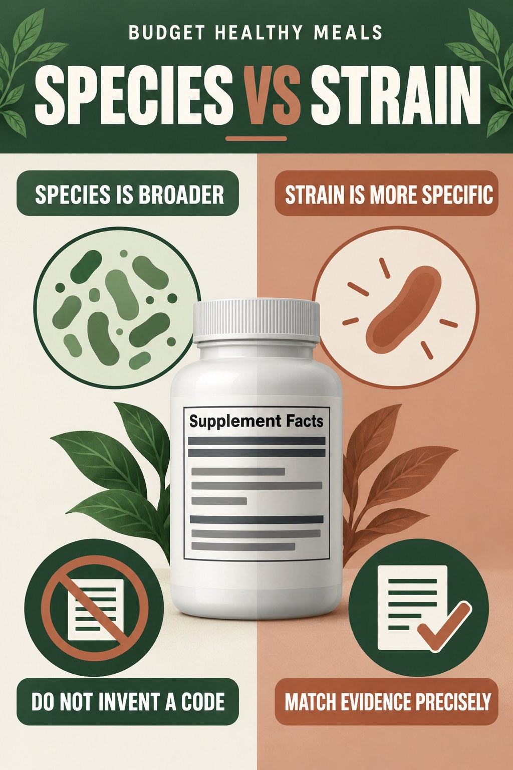 Species Name Versus Strain Code infographic for Budget Healthy Meals with four concise probiotic-label reading points.
