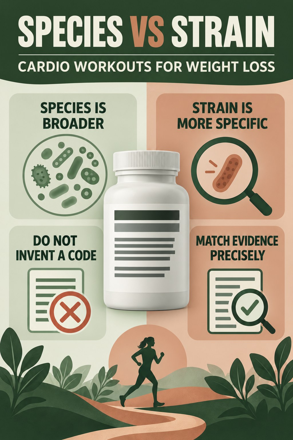 Species Name Versus Strain Code infographic for Cardio Workouts for Weight Loss with four concise probiotic-label reading points.