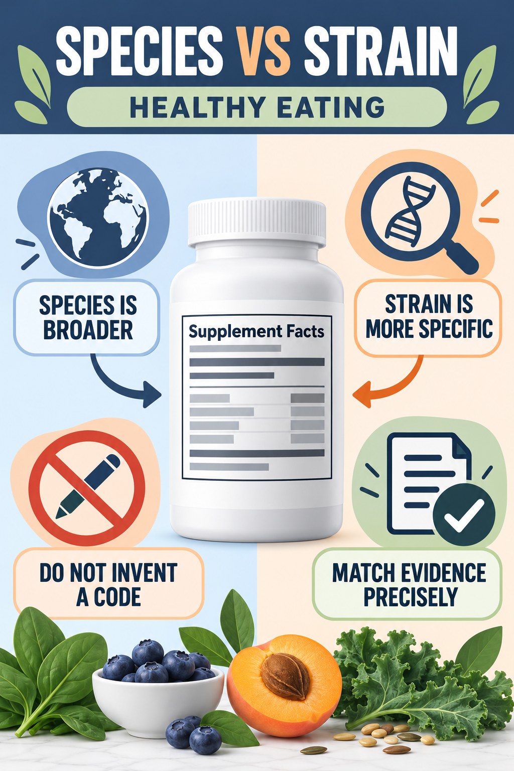 Species Name Versus Strain Code infographic for Healthy Eating with four concise probiotic-label reading points.
