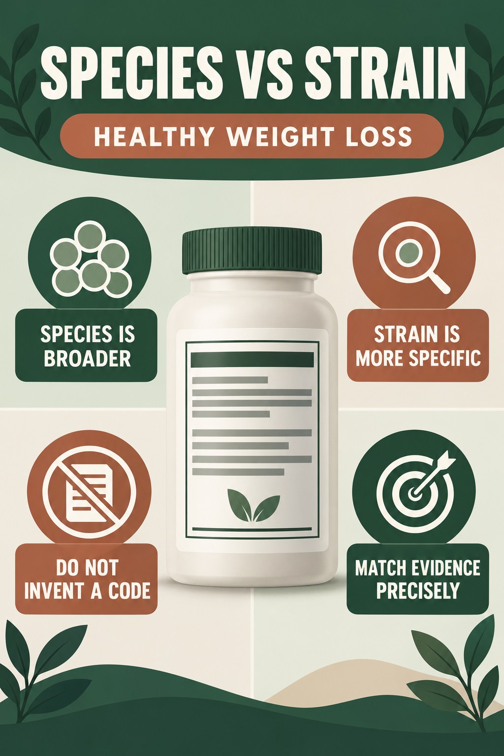 Species Name Versus Strain Code infographic for Healthy Weight Loss with four concise probiotic-label reading points.
