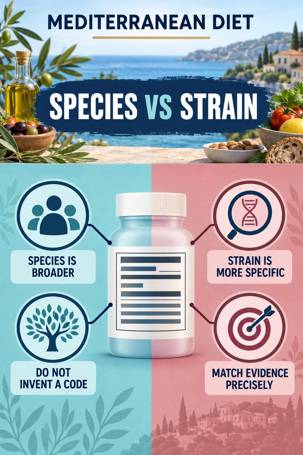 Species Name Versus Strain Code infographic for Mediterranean Diet with four concise probiotic-label reading points.